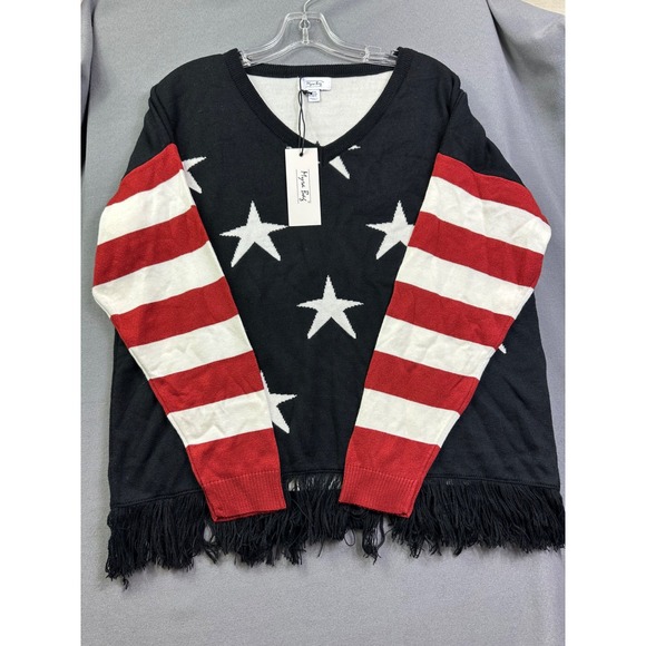 Myra Bag Sweaters - Myra Bag Women's Stars and Stripes Fringe Hem V-Neck Sweater Patriotic XL New‎